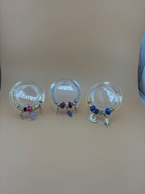 Gold Beaded Charm Bracelet with Blue and Pink Accent Beads